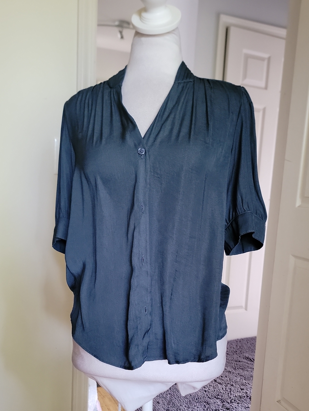Tahari Women's Dark Teal Button-Front V-Neck Blouse